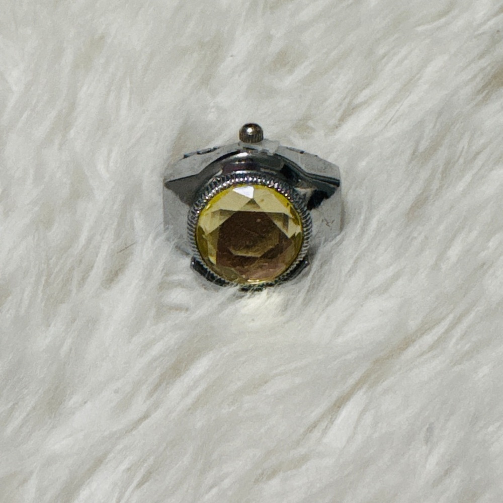 Geneva Vintage Stainless Steel Watch Ring with Golden Gemstone